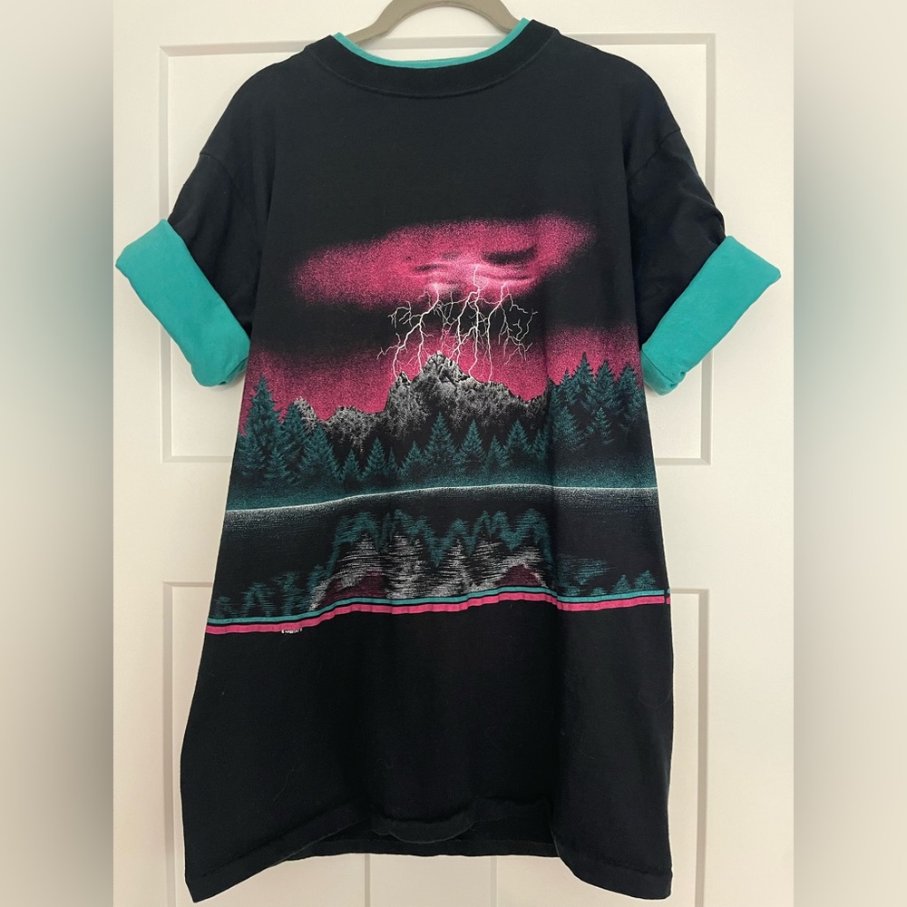 Vintage 90’s Habitat Black T-Shirt with Pink and Teal Lightning Design